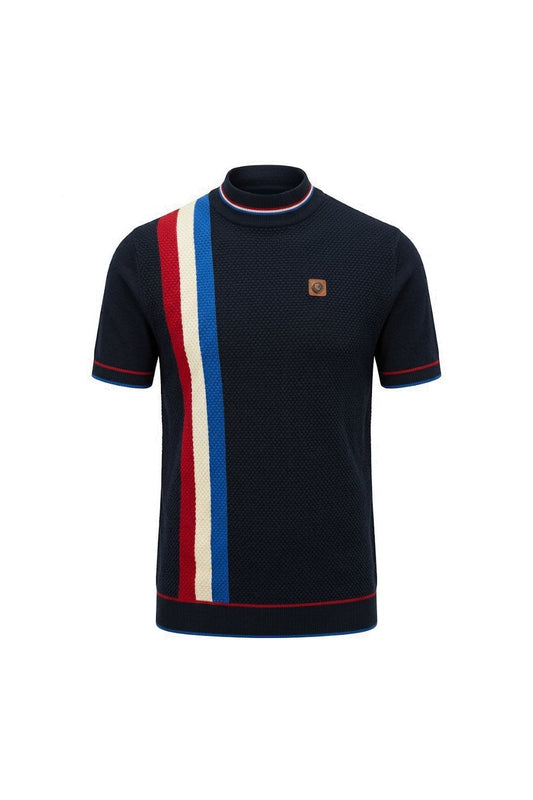 Trojan Records Men's TR9064 Racing Stripe Fine Gauge Turtle Tee Shirt Navy Blue