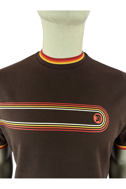 Trojan Records Men's TR9137 Retro Stripe Print Tee Chocolate Brown
