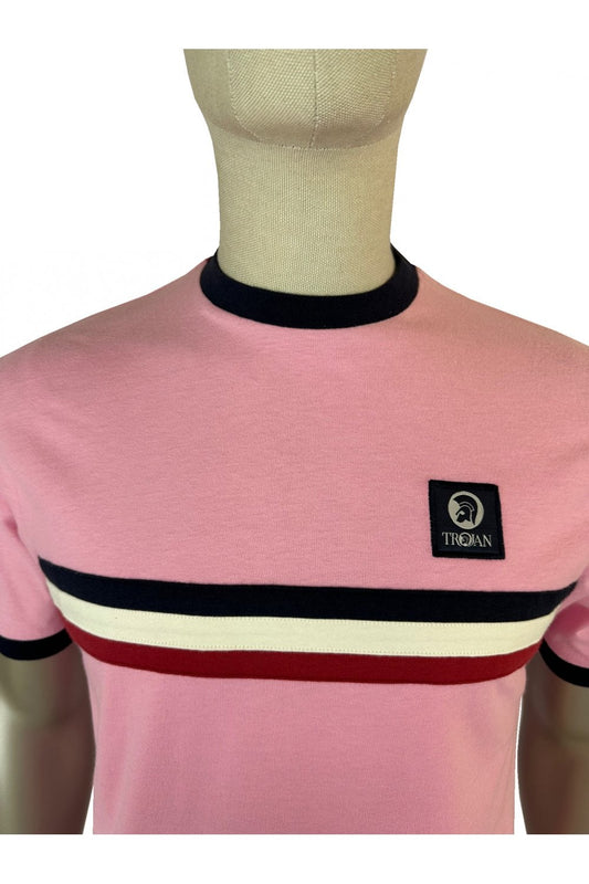 Trojan Records Men's TR9085 Stripe Front Tee Shirt Pink