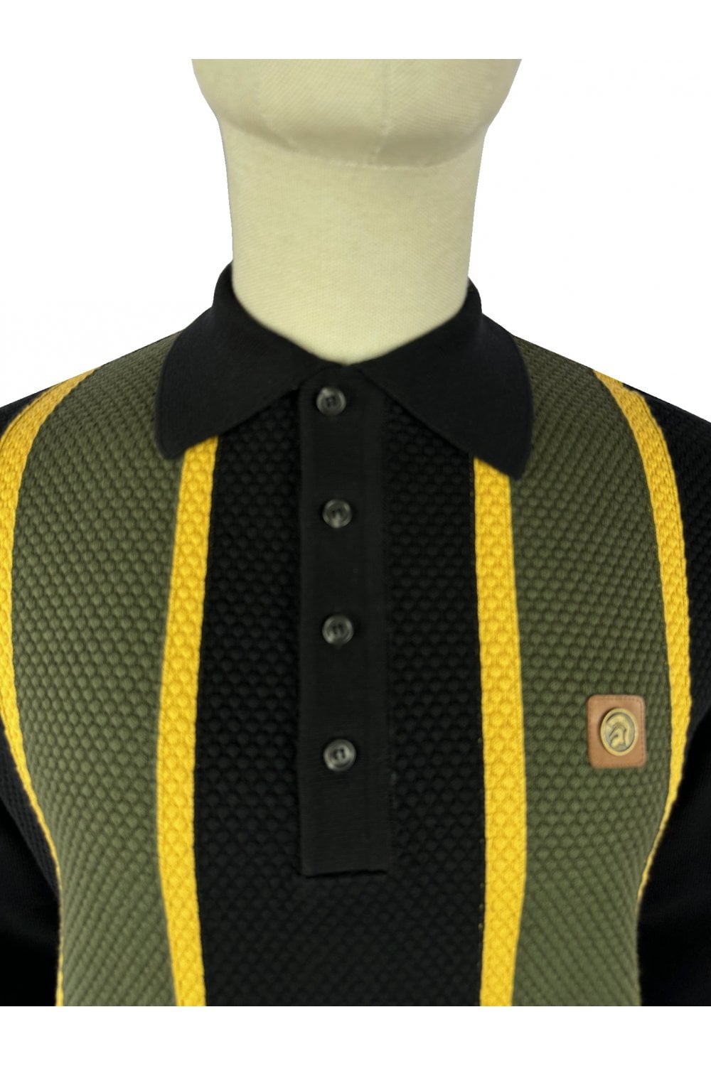 Trojan Records Men's TR8918 LS Textured Stripe Panel Polo Shirt Black