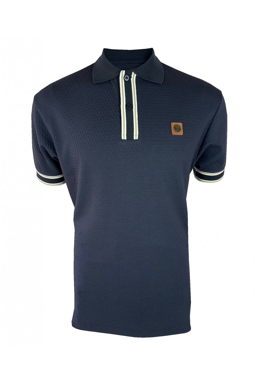 Trojan Records Men's TR9081 Textured Stripe Rib Polo Shirt Navy Blue