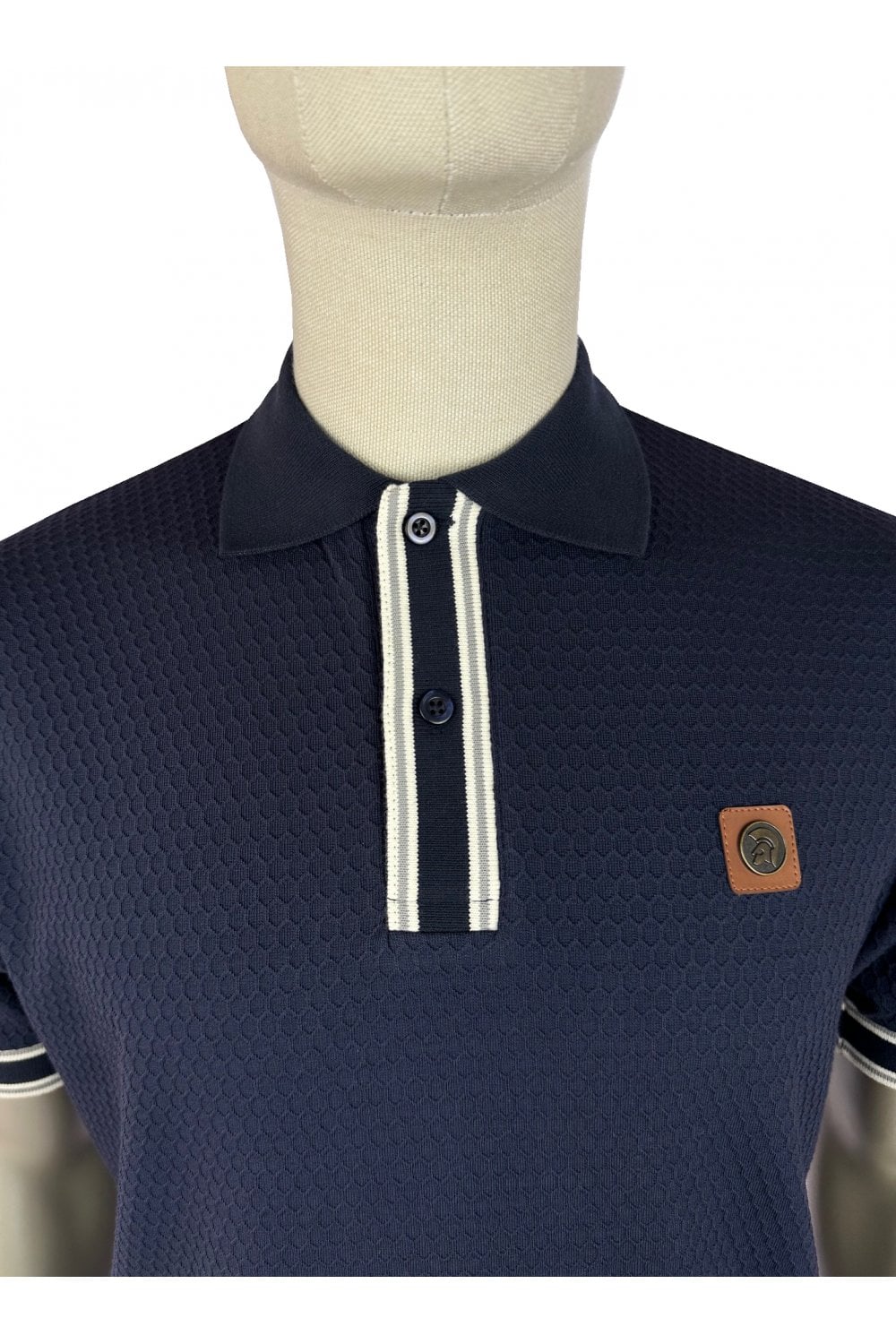 Trojan Records Men's TR9081 Textured Stripe Rib Polo Shirt Navy Blue