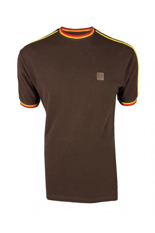 Trojan Records Men's TC1042 Three Colour Tipped Pique T Shirt Chocolate Brown