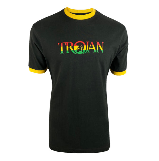 Trojan Records Men's TC1014 Logo Ringer Crew T Shirt Rasta Black