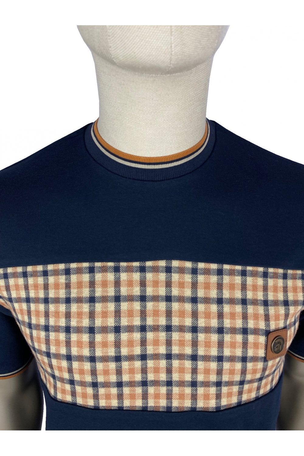 Trojan Records Men's TR8783 Gingham Panel Tee Shirt Navy Blue