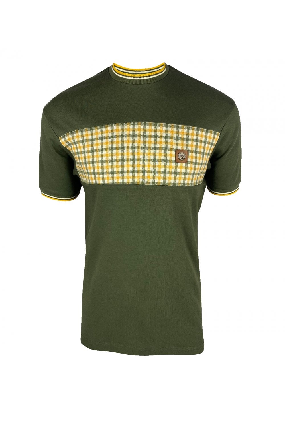 Trojan Records Men's TR8783 Gingham Panel Tee Shirt Army Green